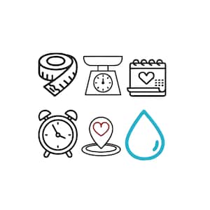 May include: A set of six black line art icons arranged in two rows. The top row features a measuring tape, a kitchen scale, and a calendar with a heart. The bottom row shows an alarm clock, a location pin with a heart, and a blue water drop icon.