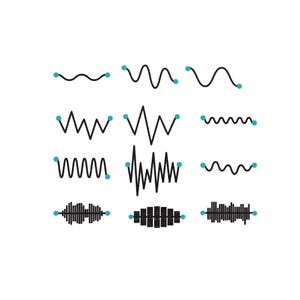 May include: A collection of nine distinct black line patterns arranged in a grid. Each pattern features a unique wave or frequency design, with small cyan circles marking the start and end points of the lines, showcasing various rhythmic shapes.