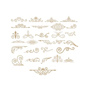 May include: A collection of twenty-five gold-colored decorative flourishes and scrollwork elements. These graphic designs feature various symmetrical and asymmetrical patterns, including swirls, curves, and ornate lines arranged in a grid.