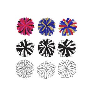 May include: Nine pom-poms in a grid pattern. The top row features a pink and black pom-pom, a blue and gold pom-pom, and a red, gold, and blue pom-pom. The middle row has black and white pom-poms. The bottom row has white outline pom-poms.