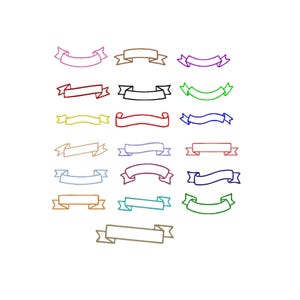Peut inclure: Une collection de seize bannières en forme de ruban disposées en grille, présentant diverses couleurs dont rose, marron, violet, rouge, noir, vert, jaune, bleu, beige, bleu clair, orange, sarcelle et bleu foncé avec des formes variées.