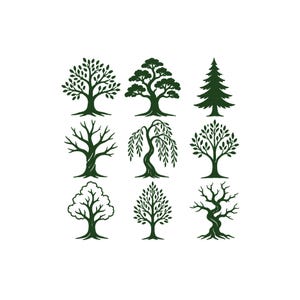 May include: Nine dark green tree illustrations on a white background. The trees vary in style, including deciduous, evergreen, and weeping varieties. Each tree is depicted with detailed branches and foliage, suitable for nature-themed designs.