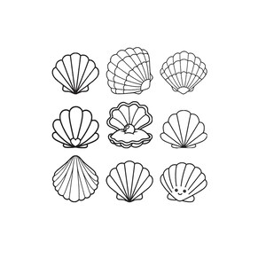 Puede incluir: Una colección de nueve ilustraciones de arte lineal en blanco y negro de conchas marinas dispuestas en una cuadrícula de tres por tres. Los diseños incluyen varias formas de vieiras y almejas, una concha abierta con una perla, una con un corazón y una con cara.