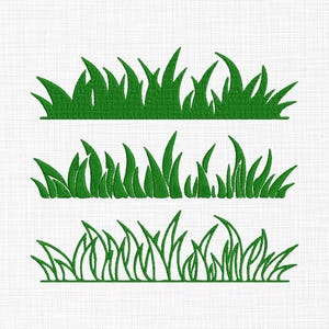 May include: Three rows of green grass illustrations on a white background. Each row features a different style of grass blades, with varying heights and shapes. The grass is a vibrant green color, and the lines are clean and crisp.
