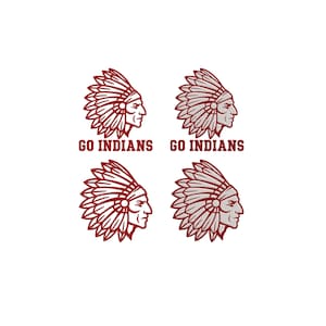 May include: Four identical embroidered patches featuring a maroon profile of a person wearing a traditional feathered headdress. Below each figure, the text GO INDIANS is stitched in a bold, maroon, serif font against a white background.