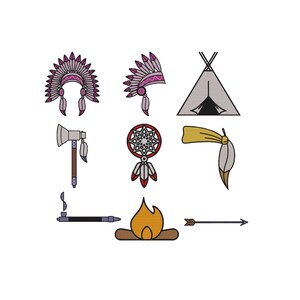 May include: A collection of nine graphic icons featuring a purple feathered headdress, a side view of a headdress, a triangular teepee, a gray axe, a circular dreamcatcher with red accents, a yellow feather, a smoking pipe, a campfire, and an arrow.