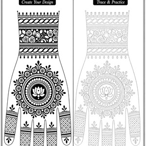 May include: A black and white Mehndi practice worksheet. One hand outline shows a completed design with floral and geometric patterns. The other is a dotted outline for tracing. The text "Mehndi Practice Worksheet-7" is at the top of the page.