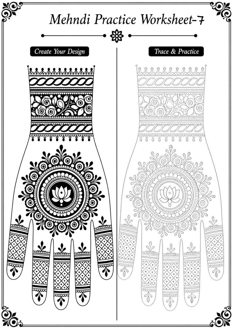 May include: A black and white Mehndi practice worksheet. One hand outline shows a completed design with floral and geometric patterns. The other is a dotted outline for tracing. The text "Mehndi Practice Worksheet-7" is at the top of the page.