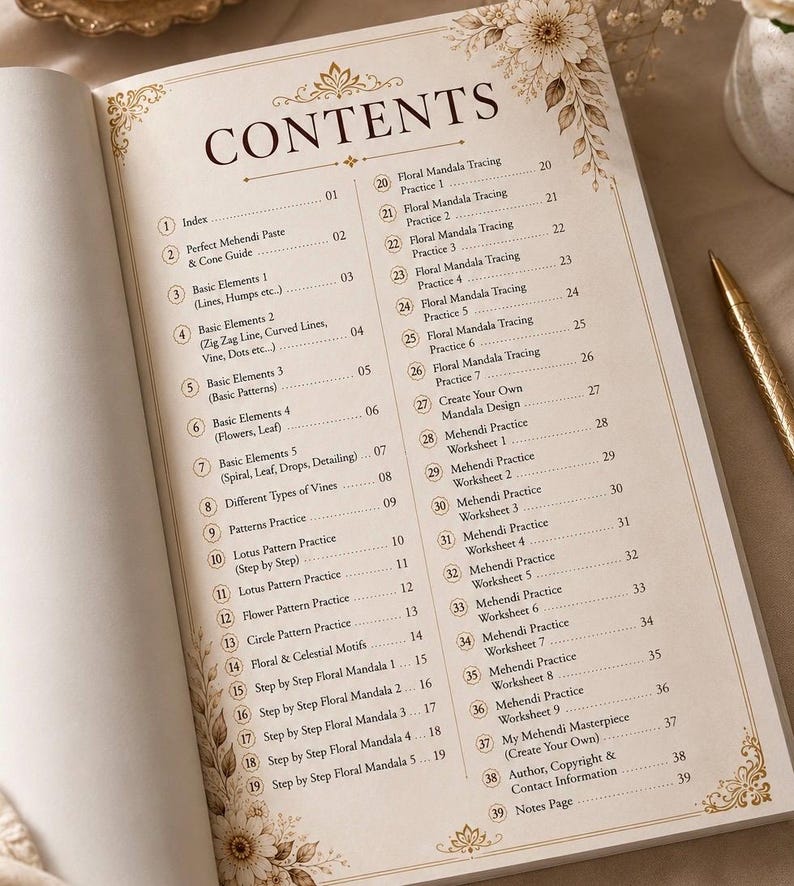 May include: Open book with a detailed contents page. The page features a decorative floral border and a list of topics, including mandala tracing, basic elements, and practice worksheets. A gold pen rests on the right side.