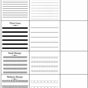 May include: A black and white worksheet labelled "BASIC ELEMENTS - 1" with sections for reference, trace over, and do it yourself. It shows examples of thin and thick lines, and small, medium, and big humps. Includes the number "01".