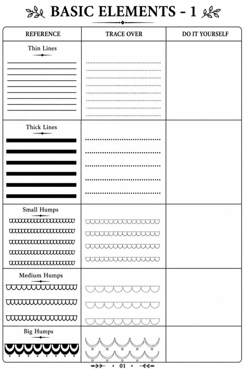 May include: A black and white worksheet labelled "BASIC ELEMENTS - 1" with sections for reference, trace over, and do it yourself. It shows examples of thin and thick lines, and small, medium, and big humps. Includes the number "01".