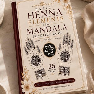 May include: A hardback book titled "Basic Henna Elements and Mandala Practice Book." The cover features henna hand designs and mandala patterns. The book has 35 practice pages and is for beginner to intermediate level.