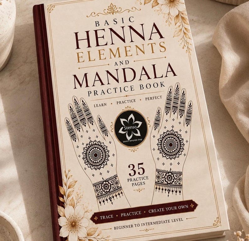 May include: A hardback book titled "Basic Henna Elements and Mandala Practice Book." The cover features henna hand designs and mandala patterns. The book has 35 practice pages and is for beginner to intermediate level.