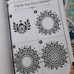 May include: A step-by-step guide to drawing a floral mandala. The page shows four stages of a floral mandala design, each with a black and white illustration. The text "Step-by-Step Floral Mandala-4" is at the top of the page.