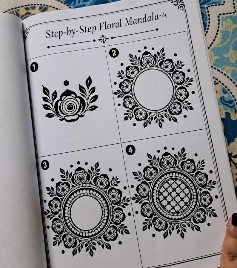 May include: A step-by-step guide to drawing a floral mandala. The page shows four stages of a floral mandala design, each with a black and white illustration. The text "Step-by-Step Floral Mandala-4" is at the top of the page.