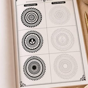 May include: An open book displaying pages with black and white floral mandala designs for tracing. The text at the top reads "Floral Mandala Tracing Practice-5". Each design is labelled "Original Design" and "Trace the Design".