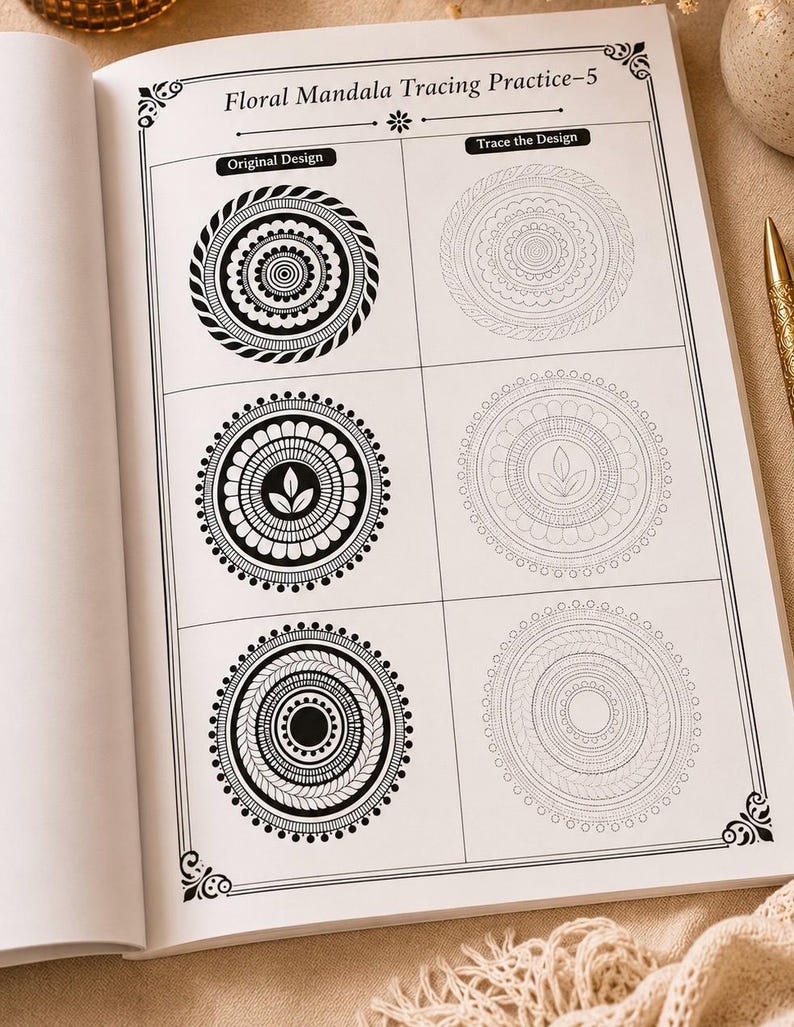 May include: An open book displaying pages with black and white floral mandala designs for tracing. The text at the top reads "Floral Mandala Tracing Practice-5". Each design is labelled "Original Design" and "Trace the Design".