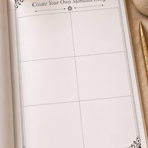May include: A notebook page with the text "Create Your Own Mandala Design" above six blank rectangular sections. The page has a decorative black border. A gold pen is visible on the right.