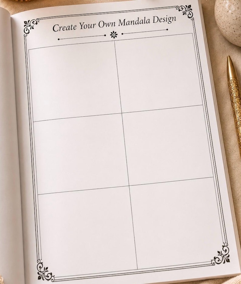 May include: A notebook page with the text "Create Your Own Mandala Design" above six blank rectangular sections. The page has a decorative black border. A gold pen is visible on the right.