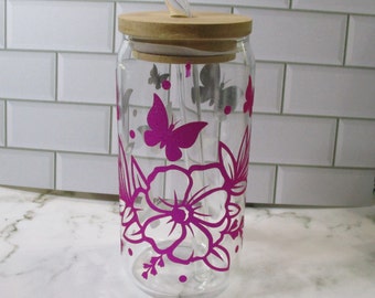 Flower and Butterfly Glass Can Libby Can 16 oz