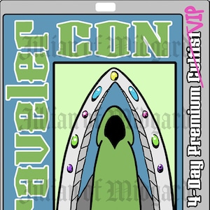 May include: A green, blue, and white badge with the word "CON" in large letters and the text "4-Day Premium Artist VIP" on the right side. The badge features a cartoon image of a green figure with a blue and white helmet.