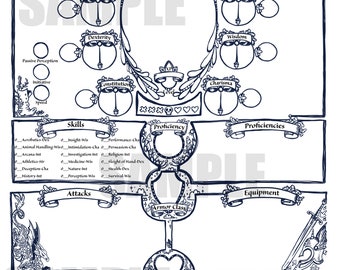 May include: A printable Dungeons and Dragons character sheet with sections for race features, class features, skills, proficiencies, attacks, armor class, equipment, wealth, current HP, hit points, conditions, and other info. The sheet is decorated with a blue and white floral design.