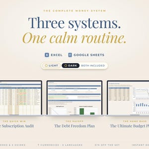 May include: A digital money management system featuring three spreadsheet tools: The Subscription Audit, The Debt Freedom Plan, and The Ultimate Budget Planner. Compatible with Excel and Google Sheets, it includes light and dark modes.