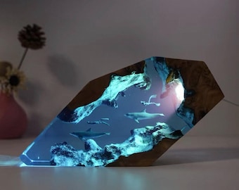 Ocean Resin Art Lamp · Epoxy Night Light · Underwater Scene Diorama · Marine Life Desk Lamp · Handmade Crystal Tower
