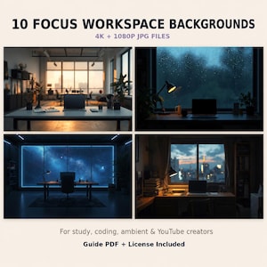 May include: A digital product showcasing 10 workspace backgrounds. The image displays four different workspace scenes, each with a laptop on a desk. Text includes "10 FOCUS WORKSPACE BACKGROUNDS" and "4K + 1080P JPG FILES".