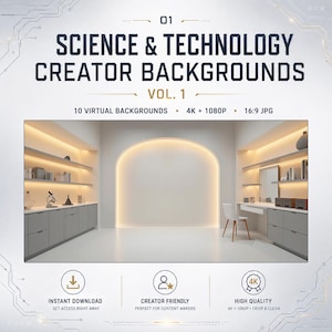 May include: A digital product display titled Science & Technology Creator Backgrounds Vol. 1, featuring 10 virtual backgrounds in 4K and 1080P. The central image shows a modern, white, arched room with built-in shelves, cabinets, and a desk.