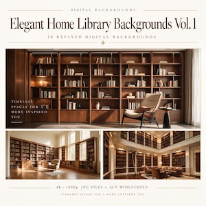 Pode incluir: Uma coleção digital intitulada Elegant Home Library Backgrounds Vol. 1 com 10 fundos digitais refinados. As imagens exibem estantes de madeira extensas cheias de livros, poltronas e configurações de bibliotecas interiores em 4K e 1080p.