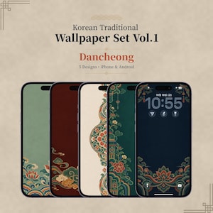 Może przedstawiać: Cyfrowy zestaw tapet przedstawiający pięć ekranów smartfonów z napisem Korean Traditional Wallpaper Set Vol.1 Dancheong. Wzory zawierają motywy kwiatowe i chmury w kolorach zielonym, czerwonym i kremowym na beżowym tle.