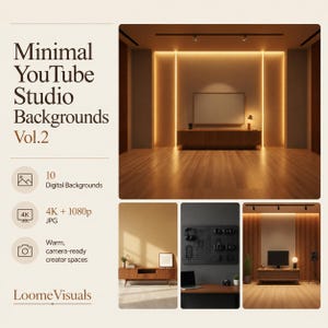 Könnte beinhalten: Eine digitale Sammlung mit dem Titel Minimal YouTube Studio Backgrounds Vol.2, die 10 JPG-Dateien in 4K- und 1080p-Auflösung enthält. Das Bild zeigt verschiedene Innenraumszenen mit Holzmöbeln, warmer Beleuchtung und einer schwarzen Lochwand.