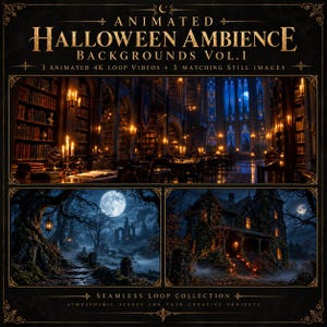 May include: A digital collection titled Animated Halloween Ambience Backgrounds Vol. 1, featuring three 4K loop videos and three matching still images. The visuals display a dark library, a moonlit forest path, and a spooky house with glowing pumpkins.
