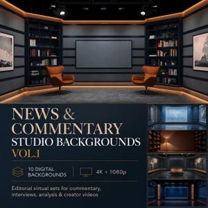Könnte beinhalten: Eine digitale Sammlung von 10 Nachrichten- und Kommentar-Studiohintergründen in 4K- und 1080p-Auflösung. Das Hauptbild zeigt ein dunkles Studio mit zwei orangefarbenen Sesseln, eingebauten Bücherregalen, einem zentralen Bildschirm.