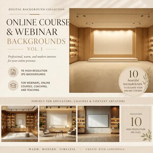 May include: A digital background collection featuring ten high-resolution JPG files for online courses and webinars. The imagery displays warm, modern interior room settings with wooden shelving, neutral walls, and large screens for professional use.