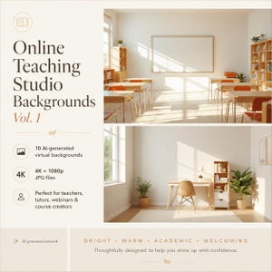 May include: A digital product display featuring Online Teaching Studio Backgrounds Vol. 1. The image shows two interior scenes: a classroom with desks and a whiteboard, and a home office with a desk, chair, and bookshelf, all in a bright, warm style.