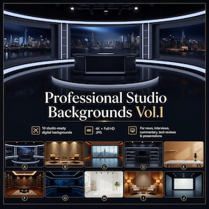 May include: A digital collection titled Professional Studio Backgrounds Vol.1 featuring ten studio-ready digital backgrounds in 4K and Full HD JPG formats. The display shows a main news desk scene and ten smaller thumbnails labeled A through J.