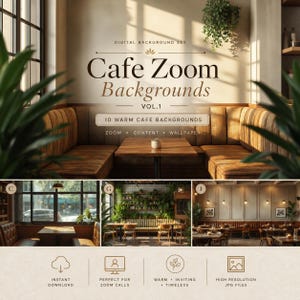 Fundos para Zoom com tema de café, cenários aconchegantes para reuniões virtuais em cafeterias, pacote com imagens JPG em 4K.