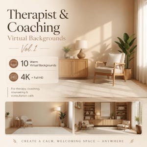Terapeut Zoom-bakgrunder, rådgivningskontorspaket för coachning, telehälsa, virtuella sessioner