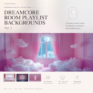 May include: A digital collection of Dreamcore Room Playlist Backgrounds Vol. 1 featuring pink walls, pink curtains, and clouds inside a room with a window showing a full moon. Includes 10 curated JPG backgrounds in 4K and Full HD 16:9 landscape format.