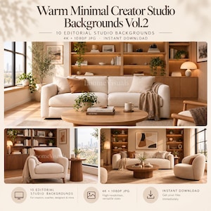 Warm Minimal Creator Studio Backgrounds, Virtual Zoom Teams Backdrop, 4K Neutral Interior Bundle