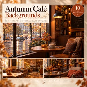 Könnte beinhalten: Eine Sammlung von 10 digitalen Hintergründen mit herbstlichen Café-Interieurs, warmer Beleuchtung, Holztischen, gemütlichen Sitzgelegenheiten und Straßenblick. Der Text lautet Autumn Cafe Backgrounds Vol. 1 und 10 High-Quality Backgrounds.