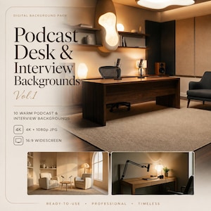 Puede incluir: Un paquete de fondos digitales con un escritorio de podcast de madera oscura, micrófonos, iluminación cálida y estantes. El texto incluye Podcast Desk & Interview Backgrounds Vol.1, 10 fondos, 4K + 1080p JPG y formato 16:9 panorámico.