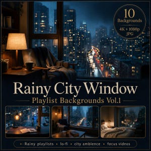 May include: A digital collection titled Rainy City Window Playlist Backgrounds Vol.1 featuring 10 backgrounds in 4K and 1080p JPG formats. The images display interior scenes with city views through rainy windows, including a desk, chair, and bed.
