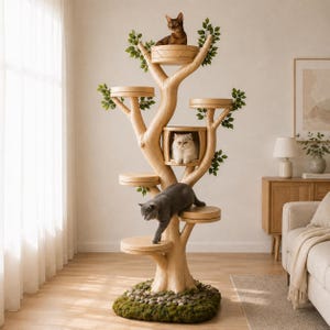 May include: A tall cat tree shaped like a tree with a mossy, pebble-covered base. It features multiple circular wooden platforms at varying heights, a central enclosed cubby, and decorative green leaves. Three cats are positioned on the structure.