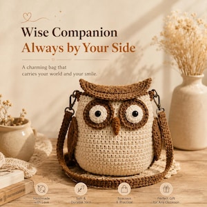 May include: A crochet bag shaped like an owl with a cream-colored body, brown wings, and a brown top flap. The owl features large circular eyes with dark pupils and a small brown beak. It includes a brown crochet shoulder strap with metal clips.