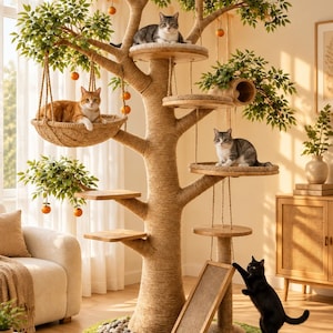 Pode incluir: Uma árvore para gatos de vários níveis projetada como uma árvore com um tronco grosso envolto em corda, várias plataformas circulares, uma cesta suspensa, um túnel e uma tábua de arranhar inclinada. Quatro gatos ocupam a estrutura.