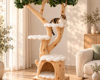 Canopy Cat Retreat, Handmade Pine Tree Cat Condo with Arched Hideaway, 3 Cloud Cushioned Loungers and Wide Leaf Crown