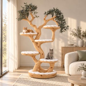 May include: A tall cat tree designed to resemble a natural tree with a light brown textured trunk and branches. It features multiple circular platforms topped with soft white cushions, with green foliage at the top and two cats resting on it.